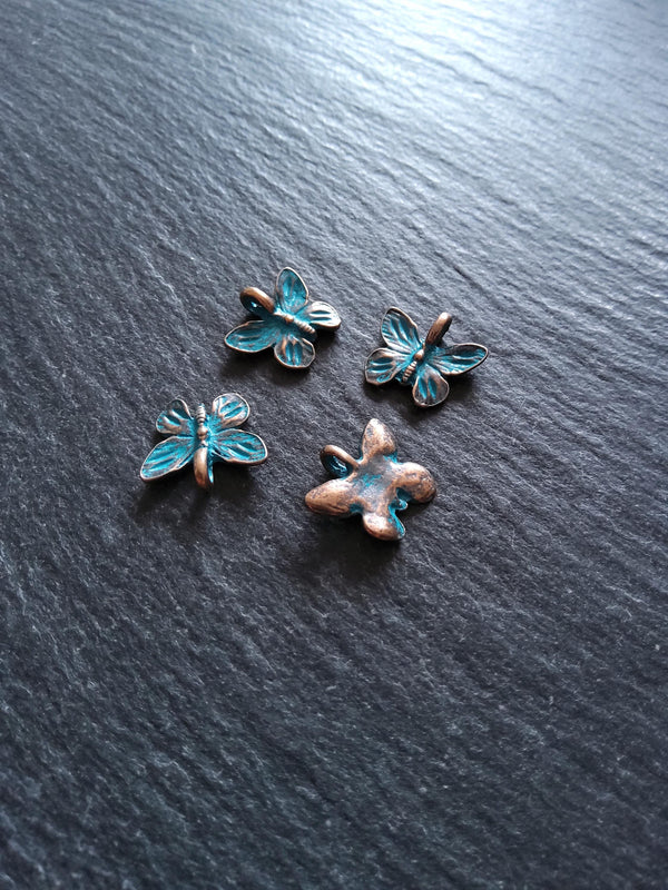 4 or 20 Butterfly Charms Antique Copper Tone Alloy with Blue Patina 15x13.5mm