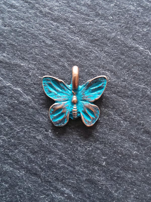 4 or 20 Butterfly Charms Antique Copper Tone Alloy with Blue Patina 15x13.5mm