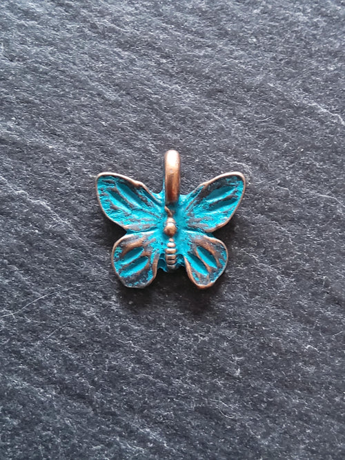 4 or 20 Butterfly Charms Antique Copper Tone Alloy with Blue Patina 15x13.5mm