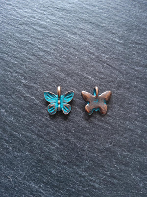 4 or 20 Butterfly Charms Antique Copper Tone Alloy with Blue Patina 15x13.5mm