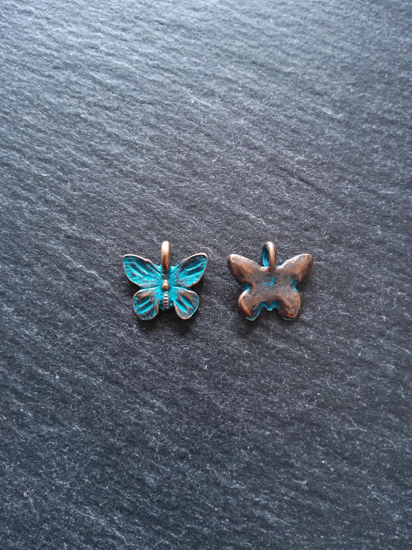 4 or 20 Butterfly Charms Antique Copper Tone Alloy with Blue Patina 15x13.5mm