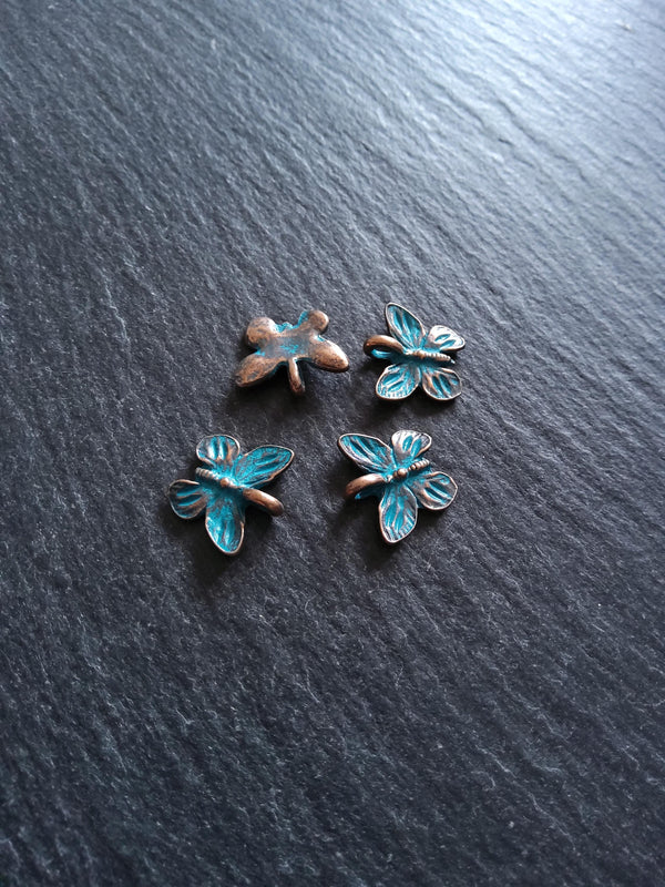 4 or 20 Butterfly Charms Antique Copper Tone Alloy with Blue Patina 15x13.5mm