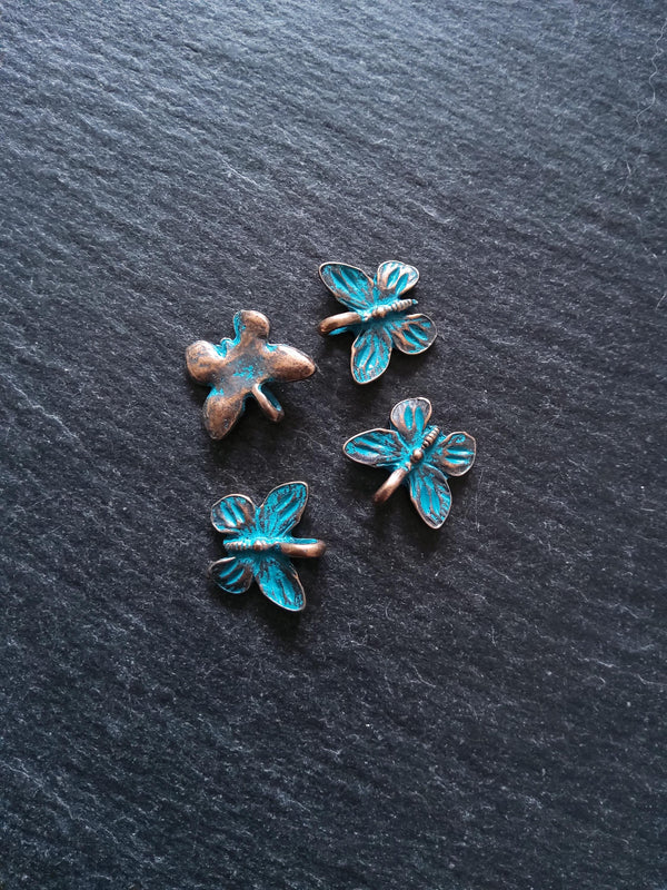 4 or 20 Butterfly Charms Antique Copper Tone Alloy with Blue Patina 15x13.5mm