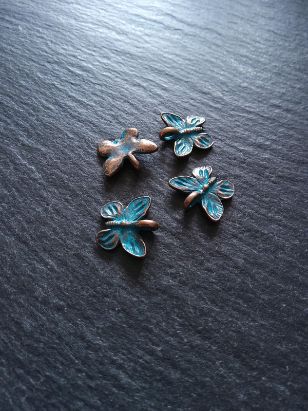 4 or 20 Butterfly Charms Antique Copper Tone Alloy with Blue Patina 15x13.5mm