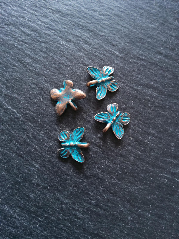 4 or 20 Butterfly Charms Antique Copper Tone Alloy with Blue Patina 15x13.5mm