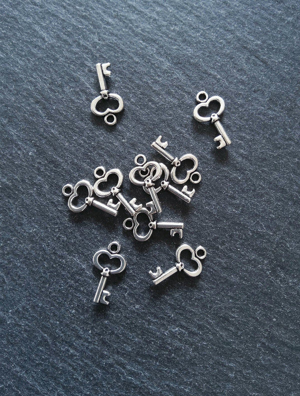 20 or 100 Little Key Charms Antique Silver Tone 15x9mm 2.5mm wide. Nickel FREE