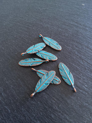 8 or 40 Antique Copper Oval Feather Charms with Blue Patina Size: 30x9x4mm