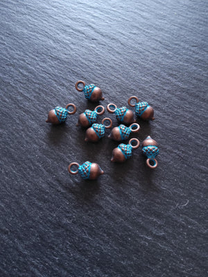 12 or 60 Acorn Charms Antique Copper Tone Alloy with Blue Patina 14x7mm