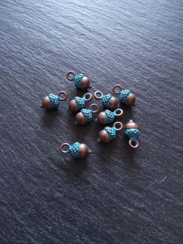 12 or 60 Acorn Charms Antique Copper Tone Alloy with Blue Patina 14x7mm