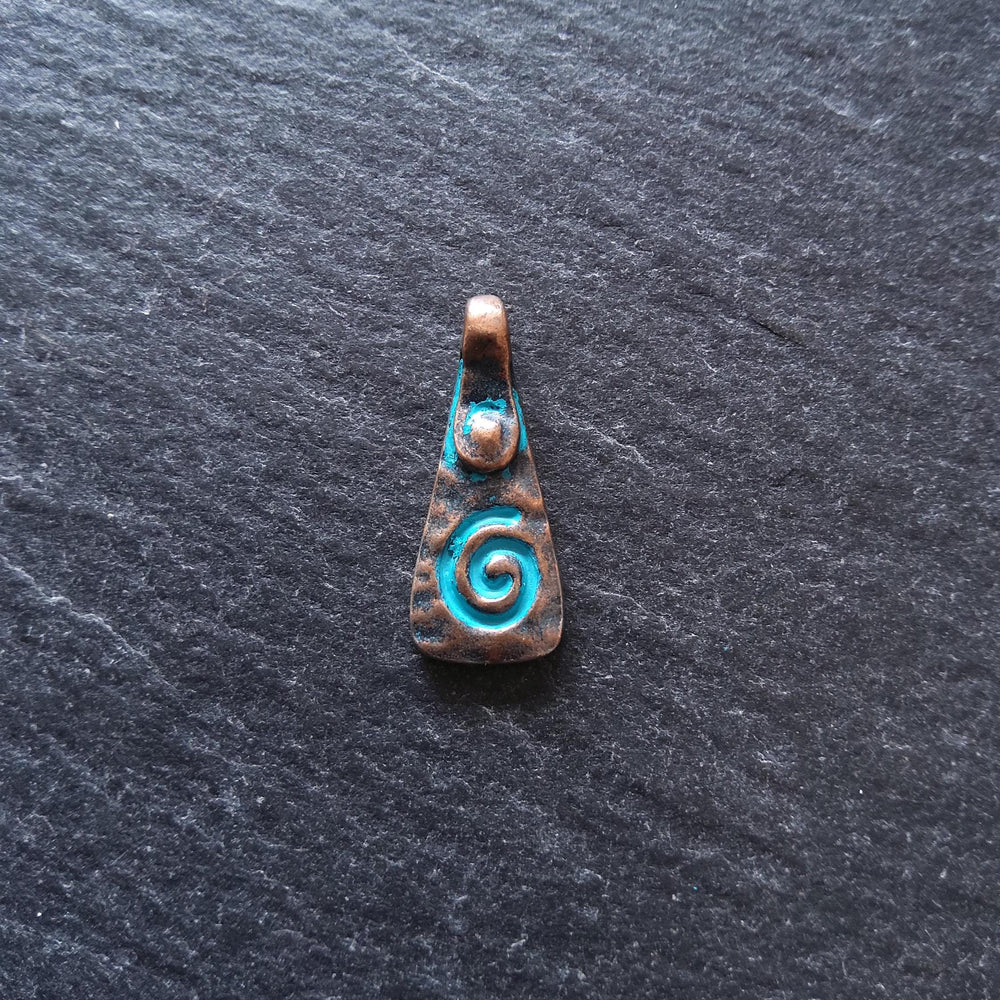 6 or 30 Swirl Pattern Drop Charms Antique Copper Alloy with Blue Patina 20x8mm
