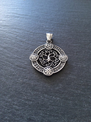 Round Viking Symbol Pendant with Tree of Life Stainless Steel 38x33mm