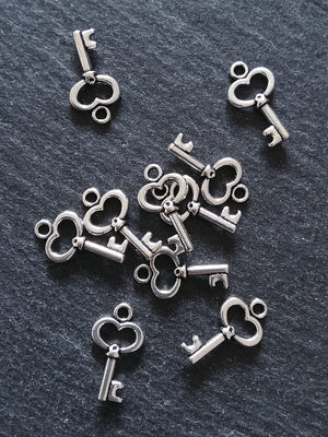 20 or 100 Little Key Charms Antique Silver Tone 15x9mm 2.5mm wide. Nickel FREE