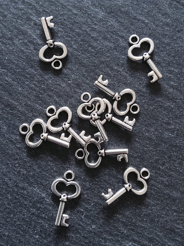 20 or 100 Little Key Charms Antique Silver Tone 15x9mm 2.5mm wide. Nickel FREE