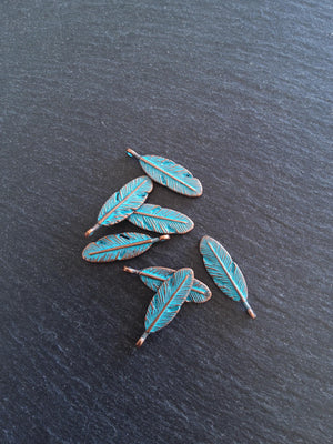 8 or 40 Antique Copper Oval Feather Charms with Blue Patina Size: 30x9x4mm