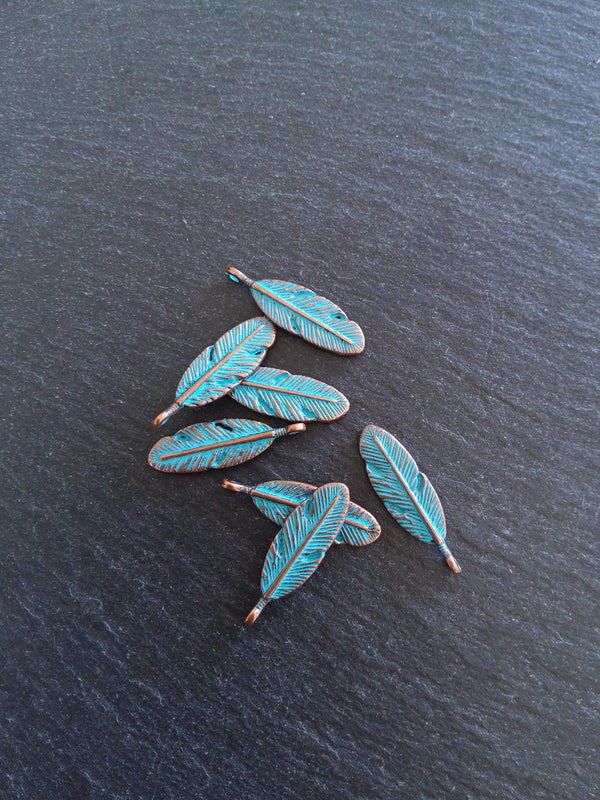 8 or 40 Antique Copper Oval Feather Charms with Blue Patina Size: 30x9x4mm