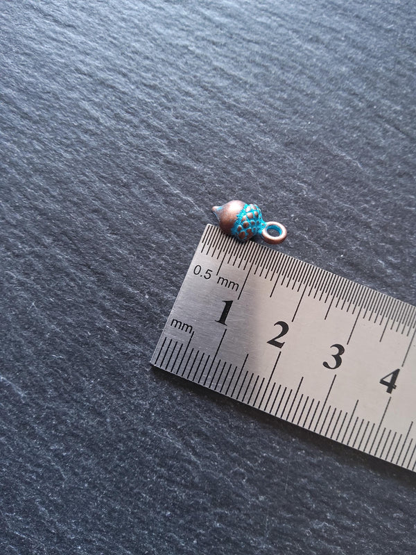 12 or 60 Acorn Charms Antique Copper Tone Alloy with Blue Patina 14x7mm