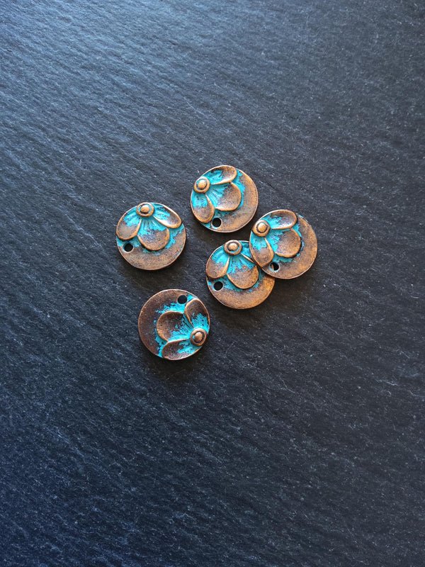 6 or 30 Antique Copper Round Flower Pattern Charms with Blue Patina 15x2.5mm