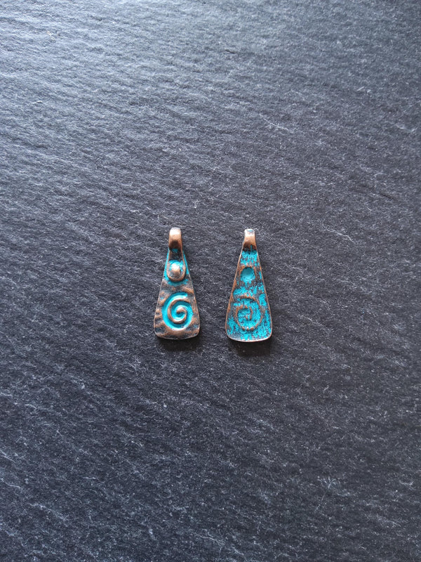 6 or 30 Swirl Pattern Drop Charms Antique Copper Alloy with Blue Patina 20x8mm