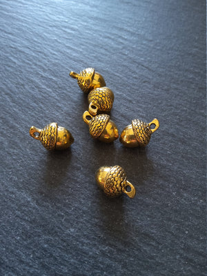 6 or 30 Acorn Charms Antique Gold Tone Solid Metal Alloy 14x10mm