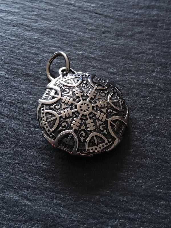 Round Double-Sided Helm of Awe Protection Pendant Surgical Steel 30.5x27x8.5mm