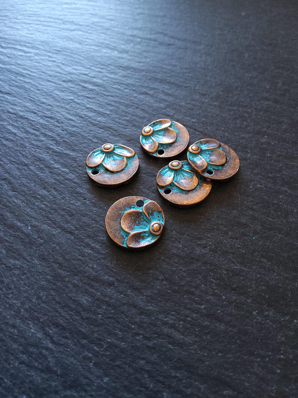 6 or 30 Antique Copper Round Flower Pattern Charms with Blue Patina 15x2.5mm