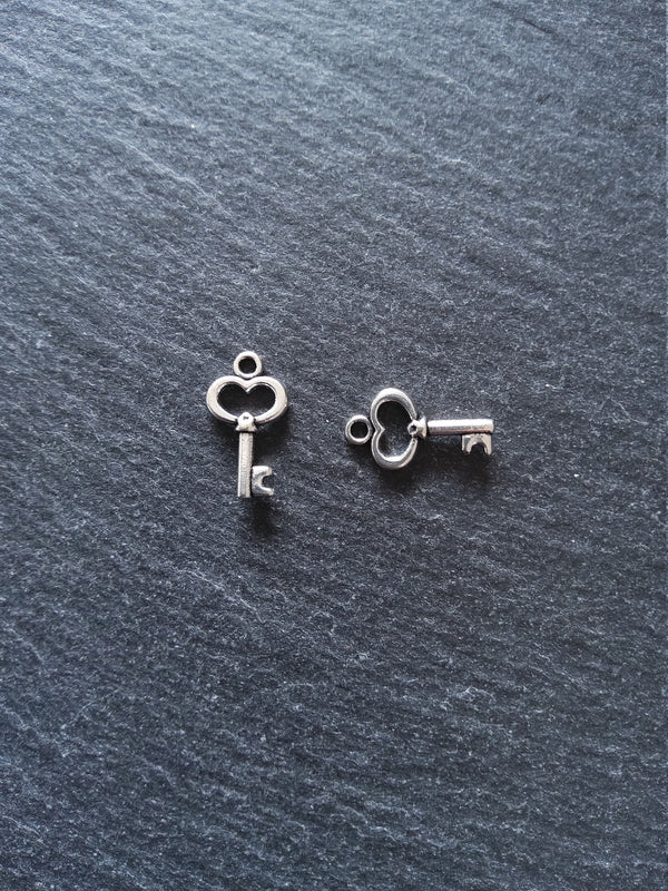 20 or 100 Little Key Charms Antique Silver Tone 15x9mm 2.5mm wide. Nickel FREE