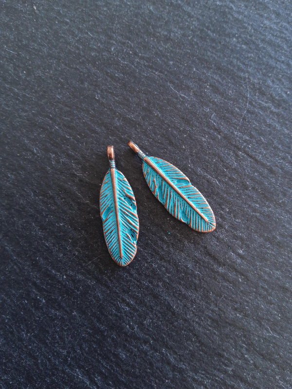 8 or 40 Antique Copper Oval Feather Charms with Blue Patina Size: 30x9x4mm