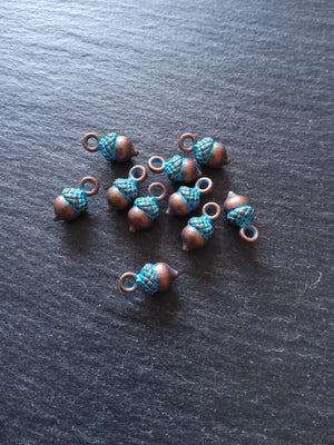 12 or 60 Acorn Charms Antique Copper Tone Alloy with Blue Patina 14x7mm