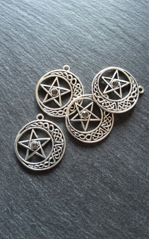 4 or 20 Celtic Knot Crescent Moon & Star Pendant Antique Silver Tone 33x30mm