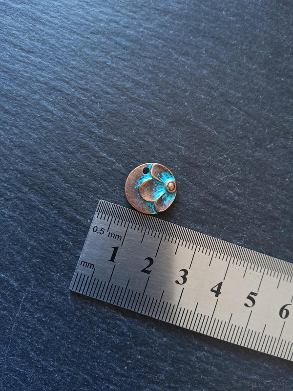 6 or 30 Antique Copper Round Flower Pattern Charms with Blue Patina 15x2.5mm