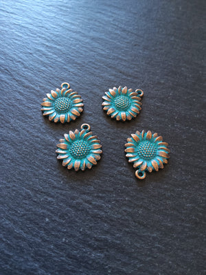 4 or 20 Antique Copper Sunflower Charms with Blue Patina 19.5x17x2.5mm