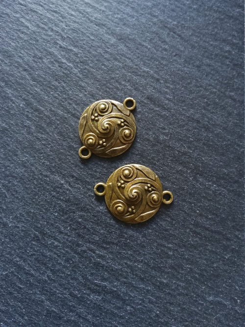 6 or 30 Antique Bronze Roman Shield Style Swirl Connector Charms Round 28x21mm