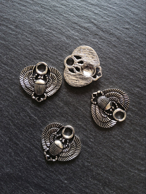 4 or 20 Egyptian Scarab Beatle Pendant or Charms Antique Silver Tone  27x26mm