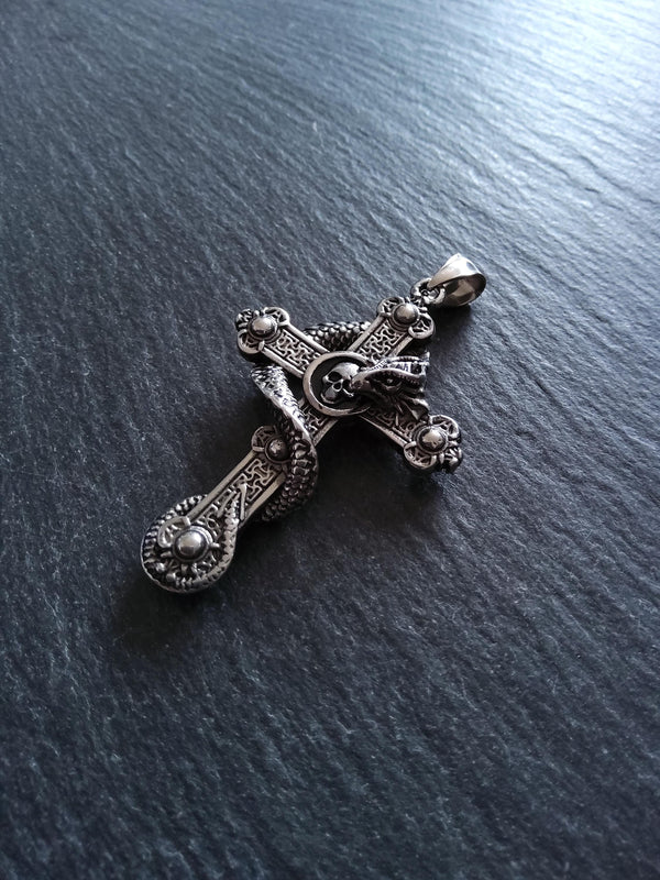 Large Dragon Cross Pendant Stainless Steel 55x36x12mm
