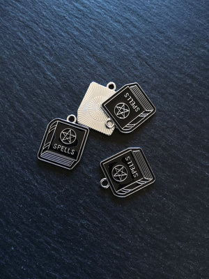 4 or 20 Spell Book Charms Silver Tone Alloy & Black Enamel 22x17mm