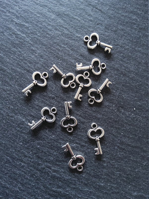 20 or 100 Little Key Charms Antique Silver Tone 15x9mm 2.5mm wide. Nickel FREE