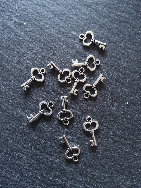 20 or 100 Little Key Charms Antique Silver Tone 15x9mm 2.5mm wide. Nickel FREE
