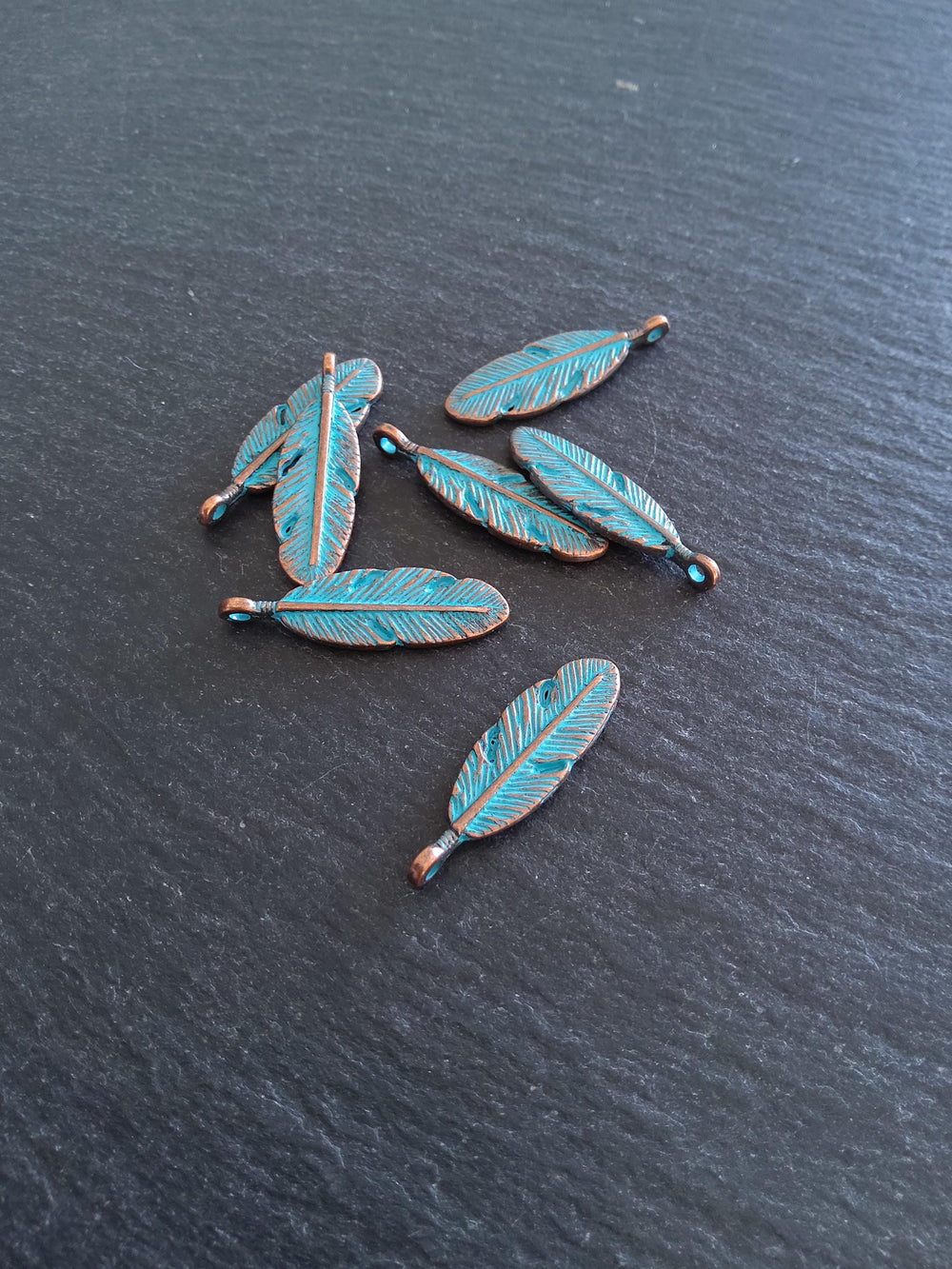 8 or 40 Antique Copper Oval Feather Charms with Blue Patina Size: 30x9x4mm