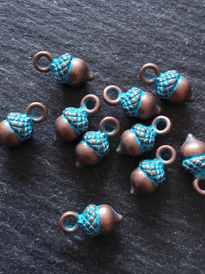 12 or 60 Acorn Charms Antique Copper Tone Alloy with Blue Patina 14x7mm