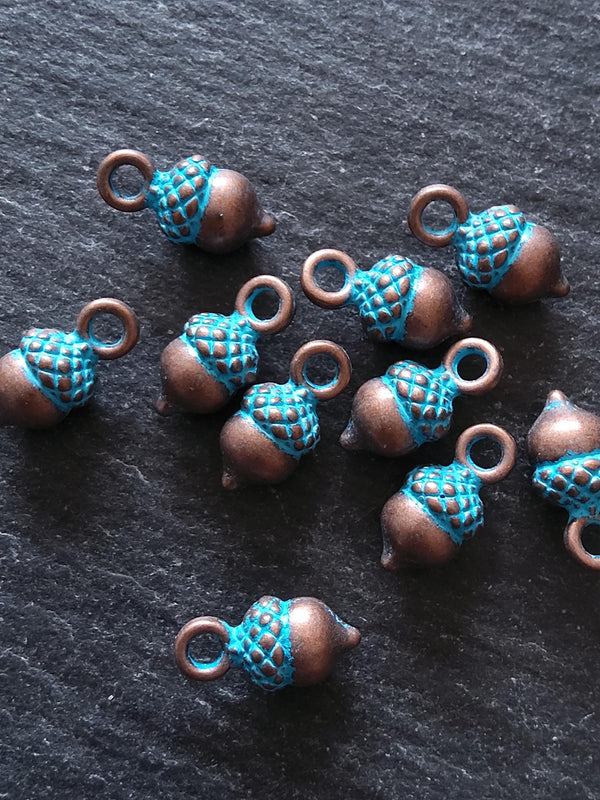 12 or 60 Acorn Charms Antique Copper Tone Alloy with Blue Patina 14x7mm