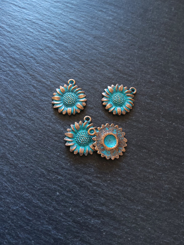 4 or 20 Antique Copper Sunflower Charms with Blue Patina 19.5x17x2.5mm