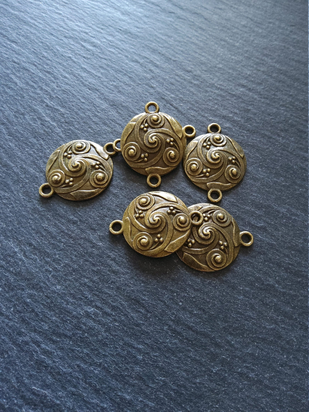 6 or 30 Antique Bronze Roman Shield Style Swirl Connector Charms Round 28x21mm