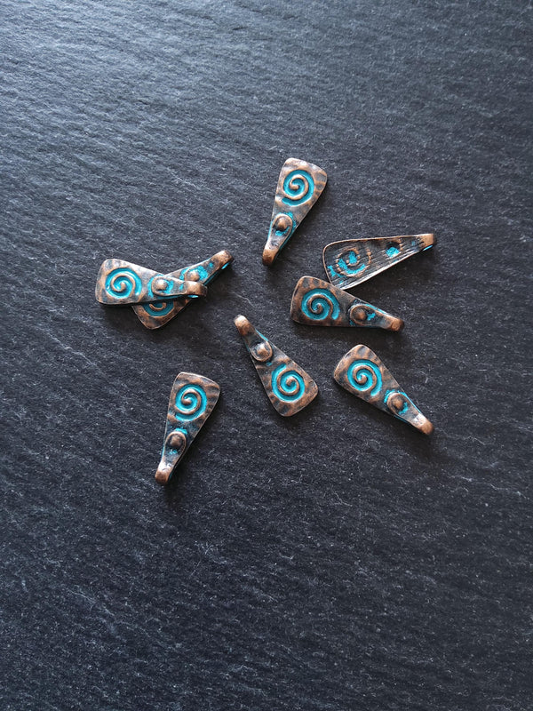 6 or 30 Swirl Pattern Drop Charms Antique Copper Alloy with Blue Patina 20x8mm