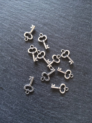 20 or 100 Little Key Charms Antique Silver Tone 15x9mm 2.5mm wide. Nickel FREE
