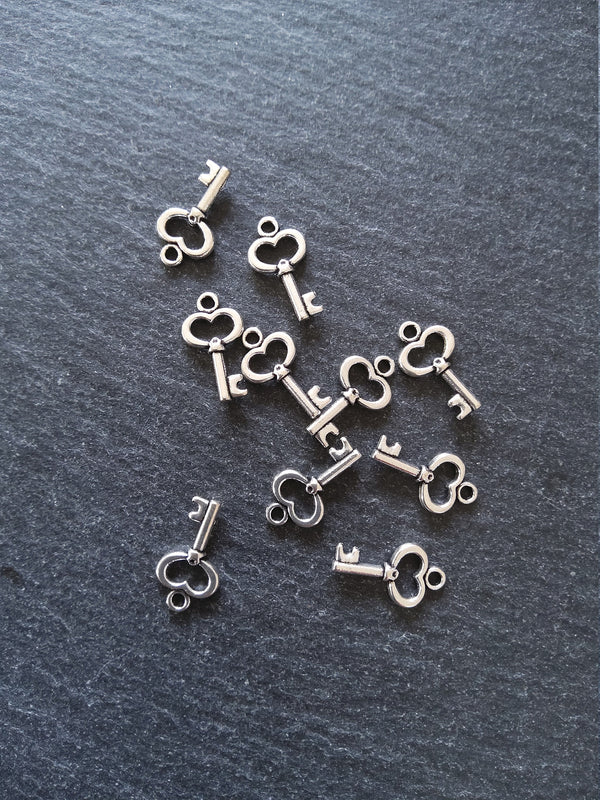20 or 100 Little Key Charms Antique Silver Tone 15x9mm 2.5mm wide. Nickel FREE