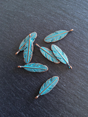 8 or 40 Antique Copper Oval Feather Charms with Blue Patina Size: 30x9x4mm