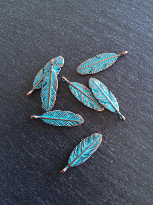 8 or 40 Antique Copper Oval Feather Charms with Blue Patina Size: 30x9x4mm