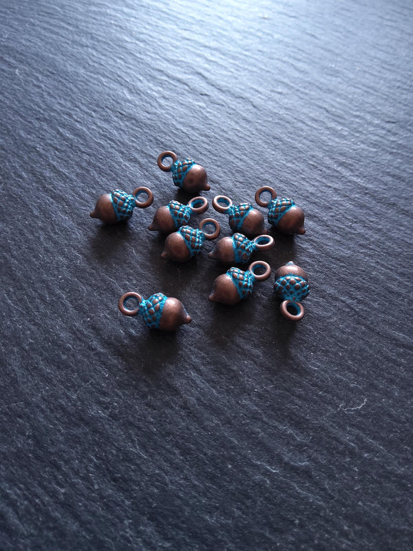 12 or 60 Acorn Charms Antique Copper Tone Alloy with Blue Patina 14x7mm