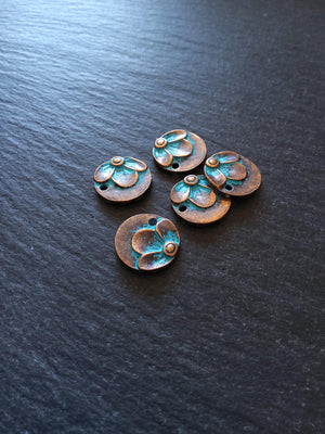 6 or 30 Antique Copper Round Flower Pattern Charms with Blue Patina 15x2.5mm