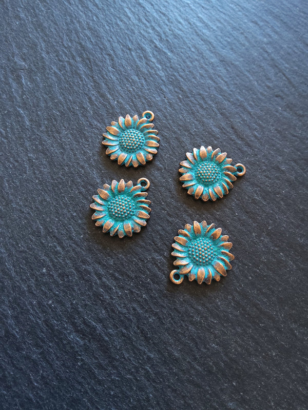 4 or 20 Antique Copper Sunflower Charms with Blue Patina 19.5x17x2.5mm